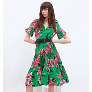 Zara Floral A Line Dress Belted Tiered Kelly Green Pink Colorful Dopamine Size L